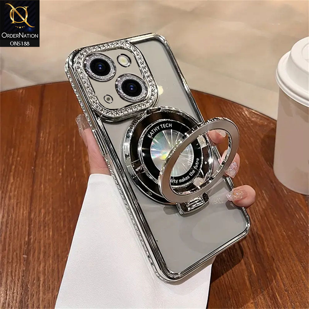 iPhone 14 Cover - Silver - Luxury Diamond Rhinestones Color Electroplating Borders Magsafe Magnetic Stand Holder Soft Clear Case With Camera Protection