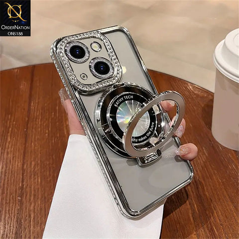 iPhone 15 Plus Cover - Silver - Luxury Diamond Rhinestones Color Electroplating Borders Magsafe Magnetic Stand Holder Soft Clear Case With Camera Protection