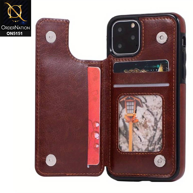 iPhone 11 Pro Cover - Brown - Luxury PU Leather Card Holder Wallet Soft Case