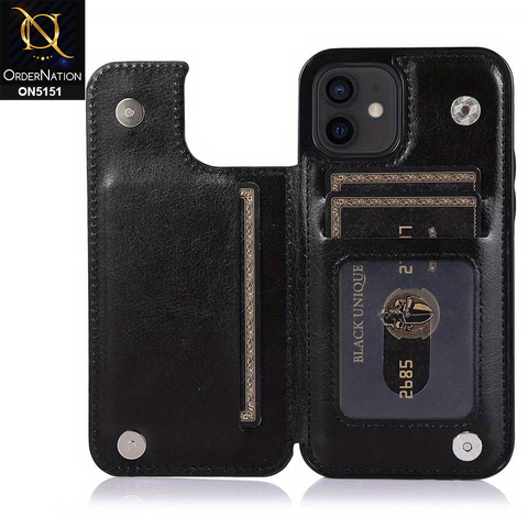 iPhone 12 Cover - Black - Luxury PU Leather Card Holder Wallet Soft Case