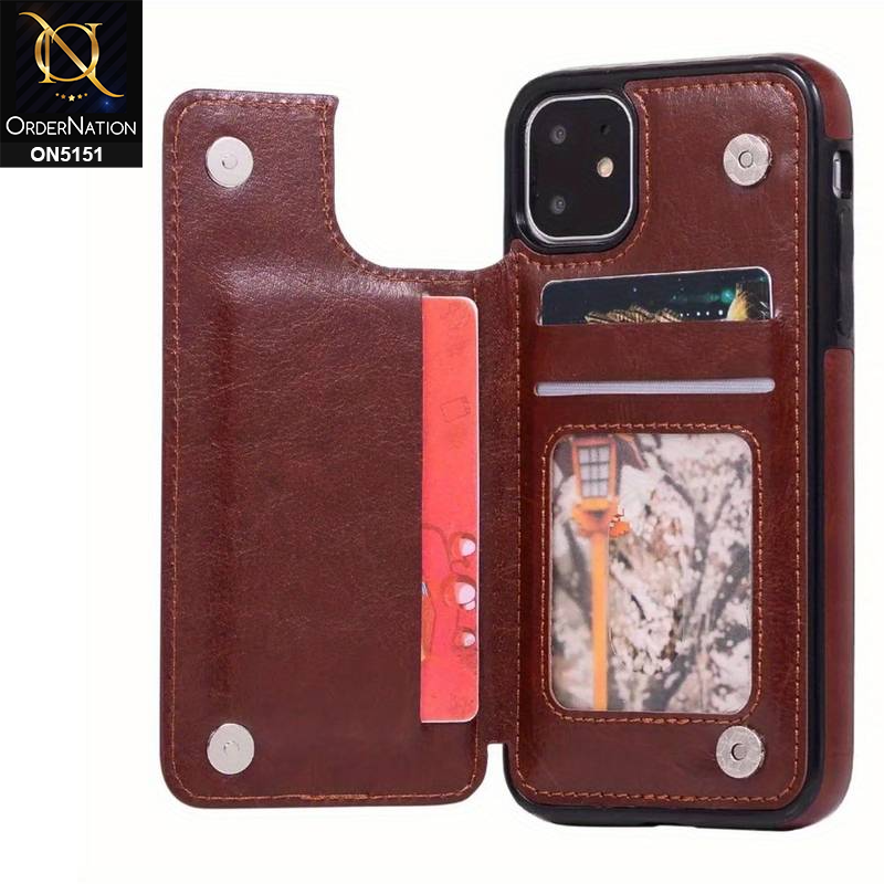 iPhone 11 Cover - Brown - Luxury PU Leather Card Holder Wallet Soft Case