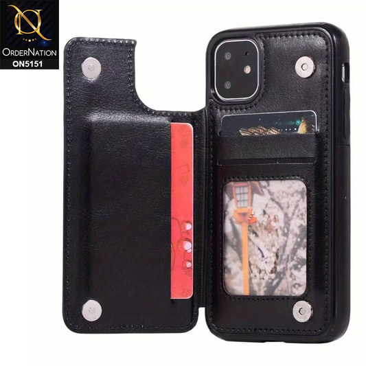 iPhone 11 Cover - Black - Luxury PU Leather Card Holder Wallet Soft Case