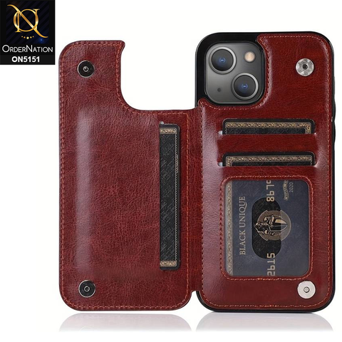 iPhone 15 Cover - Brown - Luxury PU Leather Card Holder Wallet Soft Case