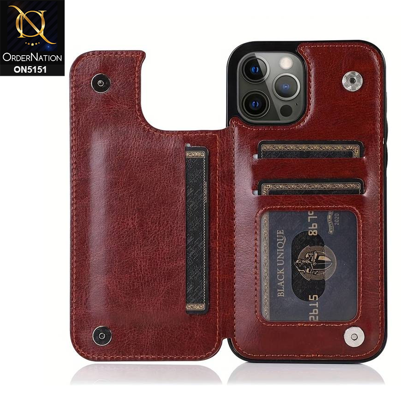 iPhone 15 Pro Max Cover - Brown - Luxury PU Leather Card Holder Wallet Soft Case