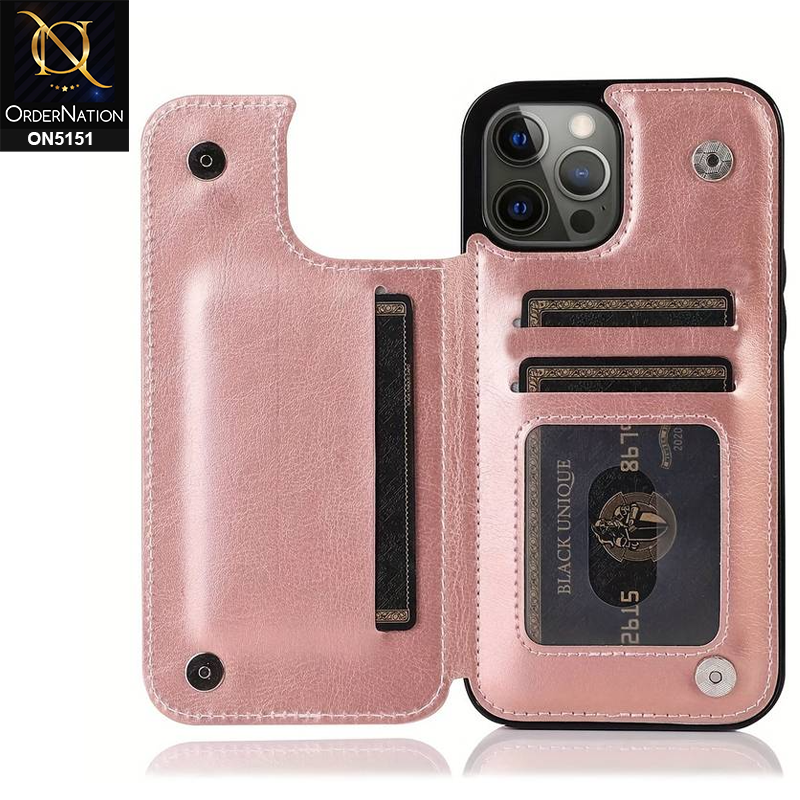 iPhone 14 Pro Max Cover - Pink - Luxury PU Leather Card Holder Wallet Soft Case