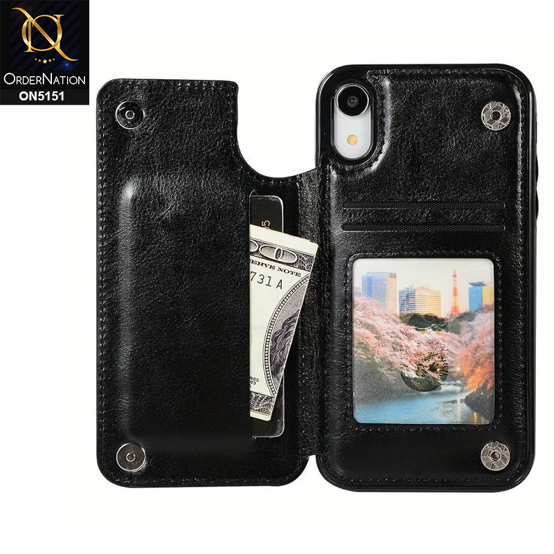 iPhone XR Cover - Black - Luxury PU Leather Card Holder Wallet Soft Case