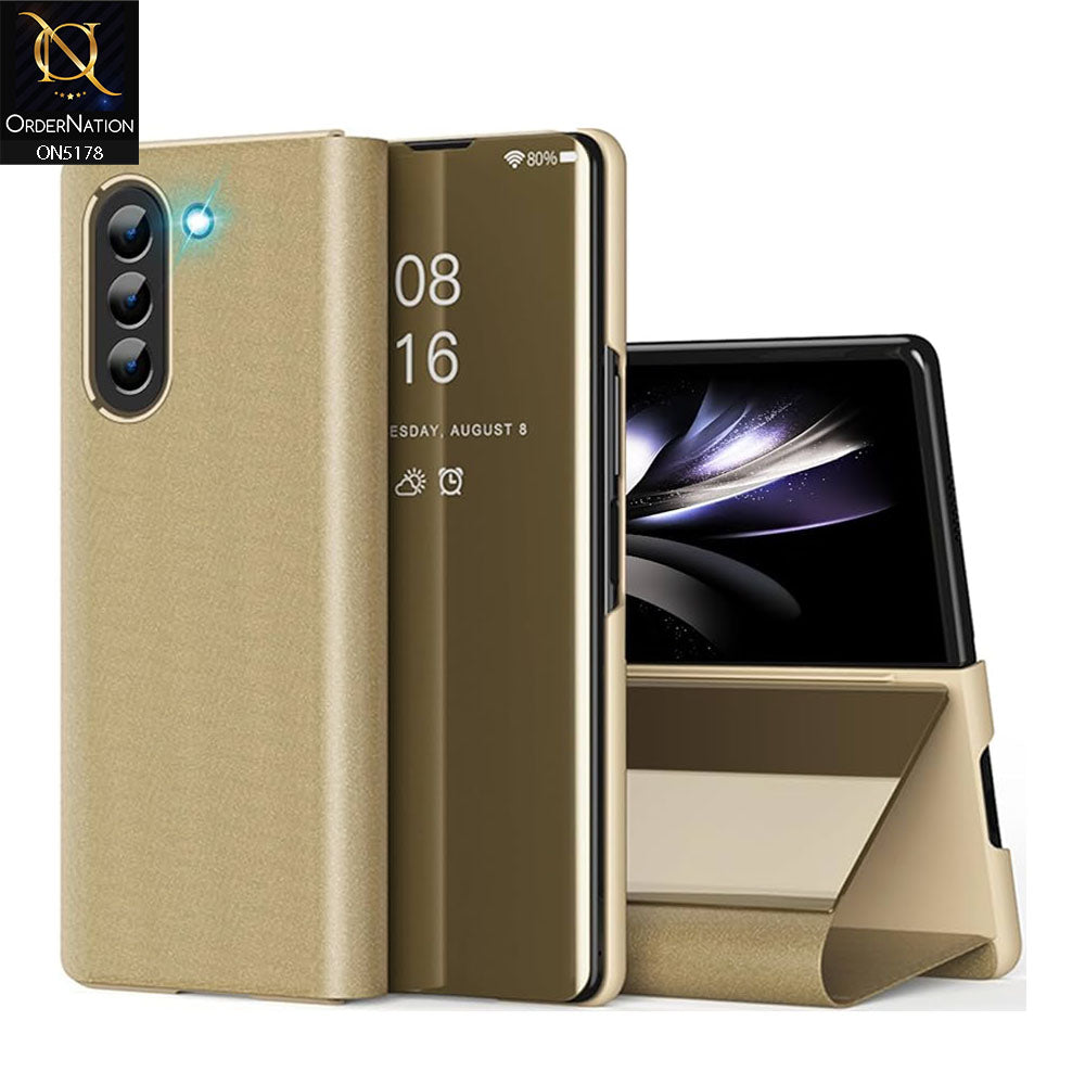 Samsung Galaxy Z Fold 6 5G Cover - Golden - Luxury Mirror View QR Flip Book Case