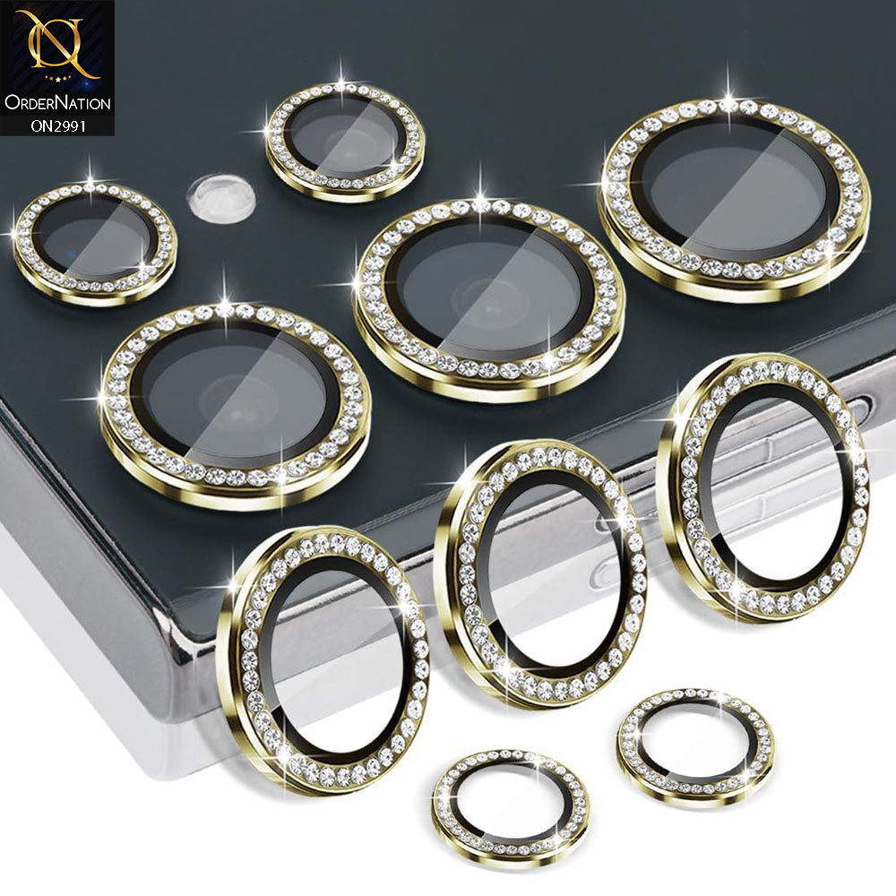 Samsung Galaxy S24 Ultra Camera Protector - Golden - New Diamond Rhinestones Inlaid Metal Camera Lens Rings Protector