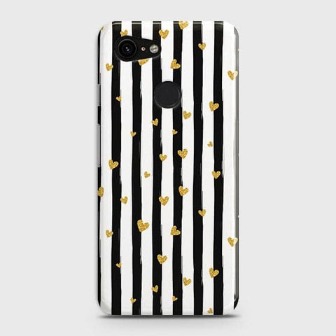 Google Pixel 3 XL Cover - Trendy Black & White Lining With Golden Hearts Printed Hard Case with Life Time Colors Guarantee B74 ( Fast Delivery )