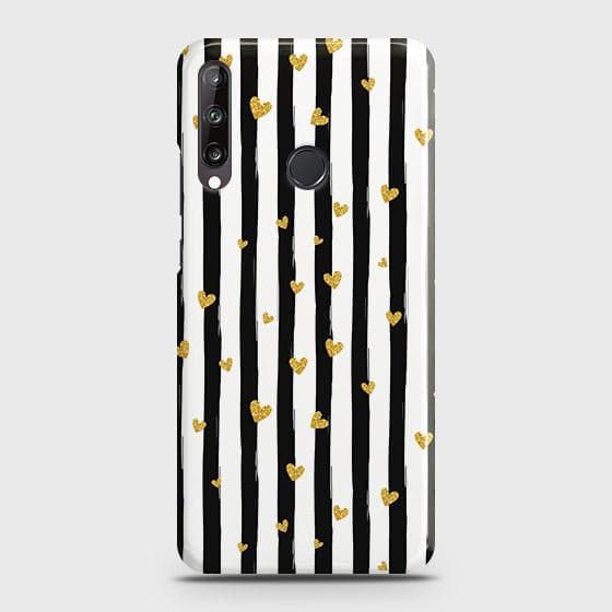 Huawei P40 Lite E Cover - Trendy Black & White Lining With Golden Hearts Printed Hard Case with Life Time Colors Guarantee (Fast Delivery)