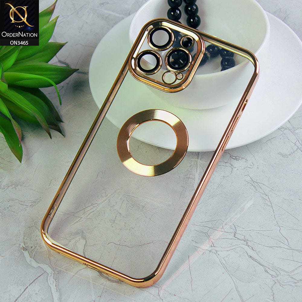 iPhone 14 Pro Max Cover - Golden - Soft Color Borders Logo Hole With Camera Protection Clear Back Case