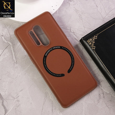 OnePlus 8 Pro Cover - Brown - Leather Texture Silicon Magnetic Design Soft Case