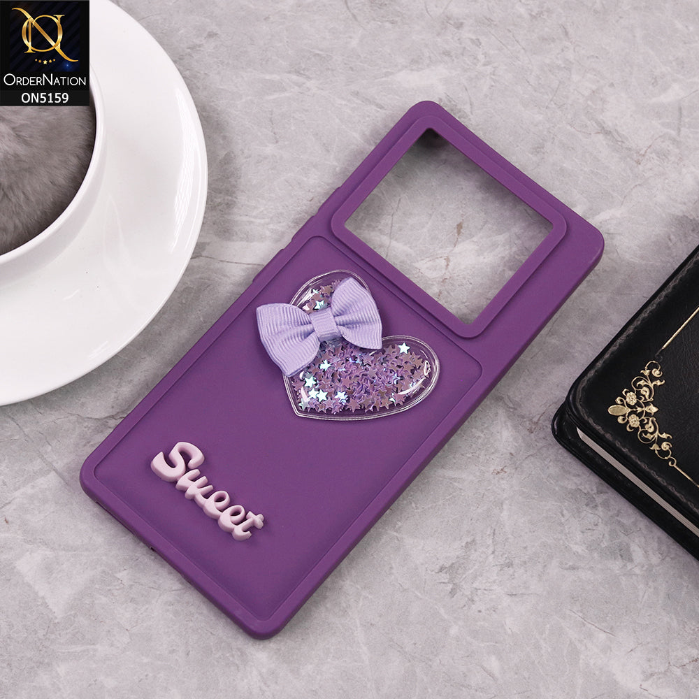 Infinix Note 40 Pro Cover - Purple - New Trendy 3D Love Heart (Moving Shiny Stars Glitter) & Bow Candy Color Soft Silicon Case