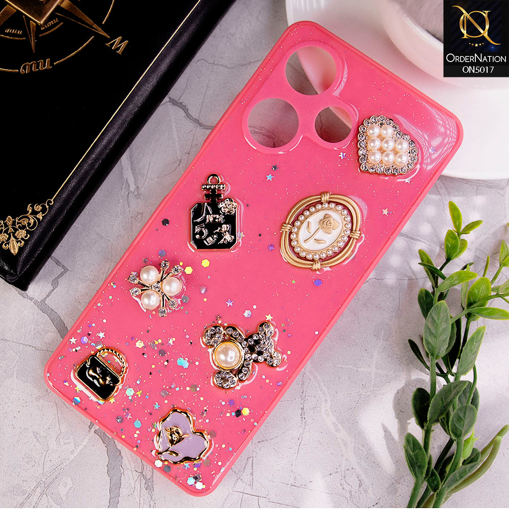 Infinix Hot 30 Cover - Dark Pink -  New Bling Bling Sparkle 3D Flowers Shiny Glitter Texture Protective Case