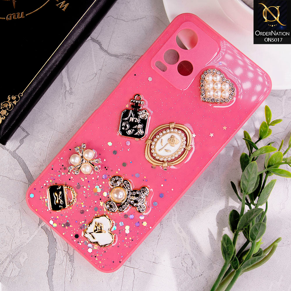 Vivo Y33t Cover - Dark Pink -  New Bling Bling Sparkle 3D Flowers Shiny Glitter Texture Protective Case