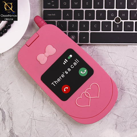 iPhone 14 Pro Cover - Pink - Cute 3D Kawaii Retro Flip Phone Style Soft Silicone Case With View Mirror