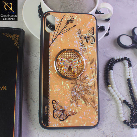 iPhone XS Max Cover - Golden - Cute Bling Diamond Butterfly Flower with Ring Stand,Glitter Girly Pearl Back Soft Silicone Cover