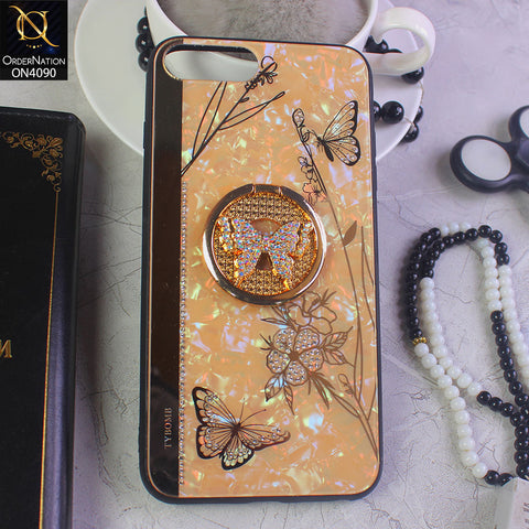 iPhone 7 Plus Cover - Golden - Cute Bling Diamond Butterfly Flower with Ring Stand,Glitter Girly Pearl Back Soft Silicone Cover