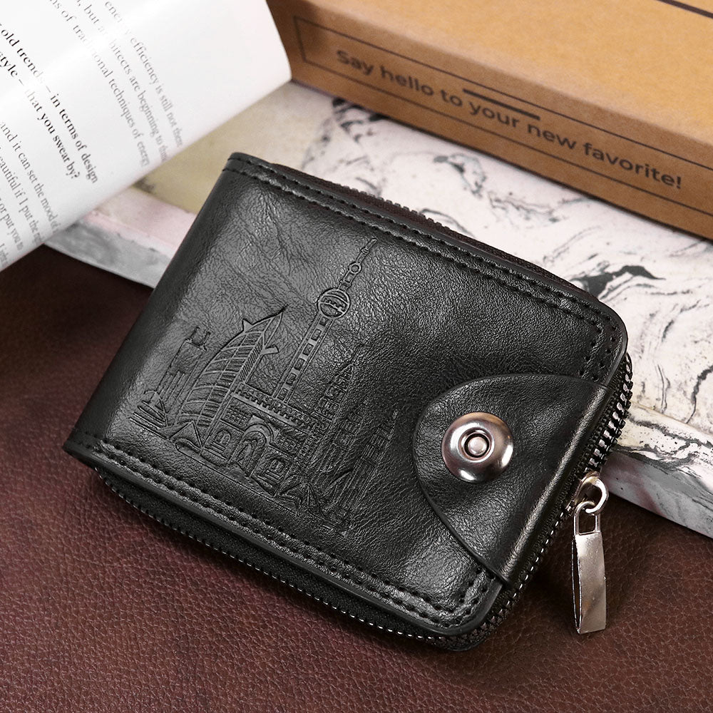 Synthetic Leather Zipper Wallet with Coins Pocket For Men - Black