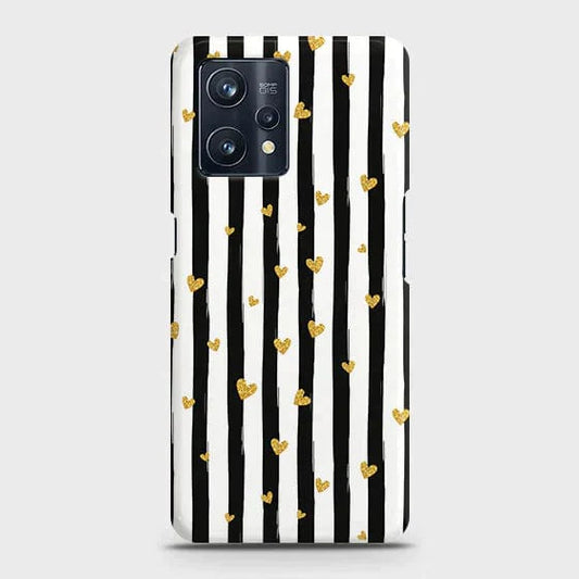 Realme C35 Cover - Matte Finish - Matte Finish - Trendy Black & White Lining With Golden Hearts Printed Hard Case with Life Time Colors Guarantee