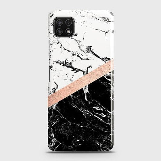 Samsung Galaxy A22 5G Cover - Black & White Marble With Chic RoseGold Strip Case with Life Time Colors Guarantee (Fast Delivery)