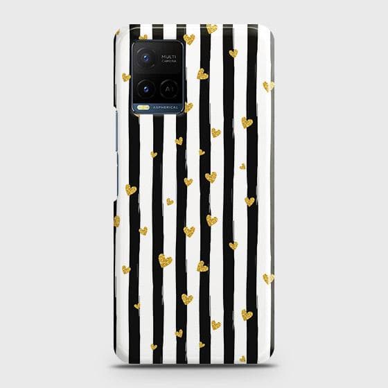 Vivo Y21s Cover - Trendy Black & White Strips With Golden Hearts Printed Hard Case with Life Time Colors Guarantee ( Fast Delivery )