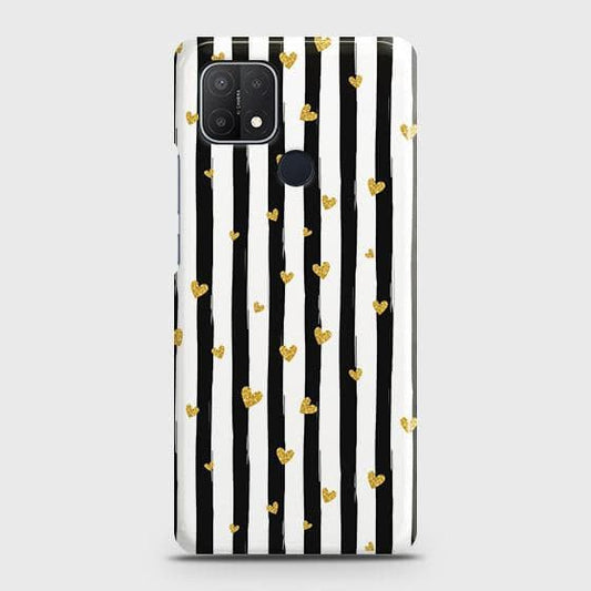 Oppo A15 Cover - Trendy Black & White Lining With Golden Hearts Printed Hard Case with Life Time Colors Guarantee ( Fast Delivery )