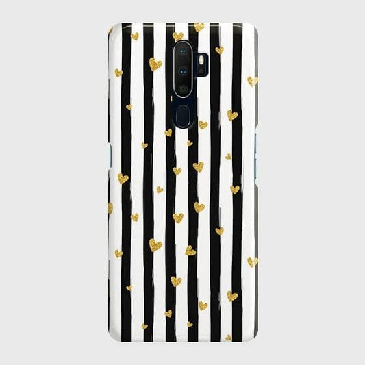 Oppo A5 2020 Cover - Trendy Black & White Lining With Golden Hearts Printed Hard Case with Life Time Colors Guarantee ( Fast Delivery )