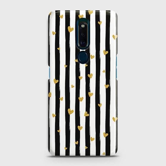 Oppo F11 Pro Cover - Trendy Black & White Lining With Golden Hearts Printed Hard Case with Life Time Colors Guarantee ( Fast Delivery )