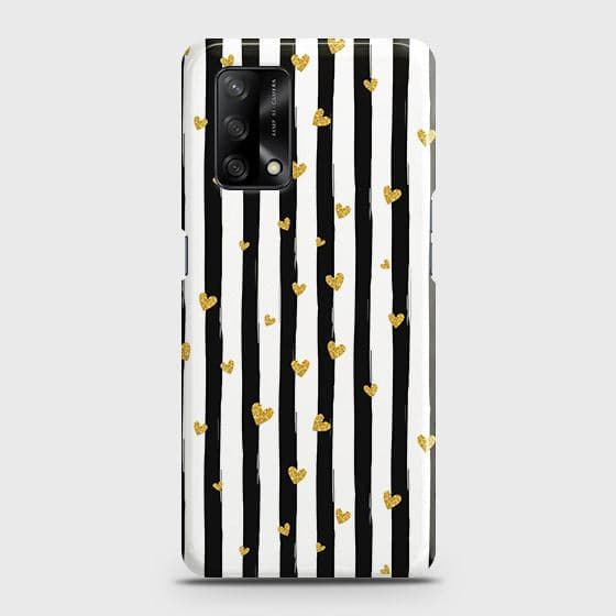 Oppo F19 Cover - Trendy Black & White Lining With Golden Hearts Printed Hard Case with Life Time Colors Guarantee B (39)1 ( Fast Delivery )