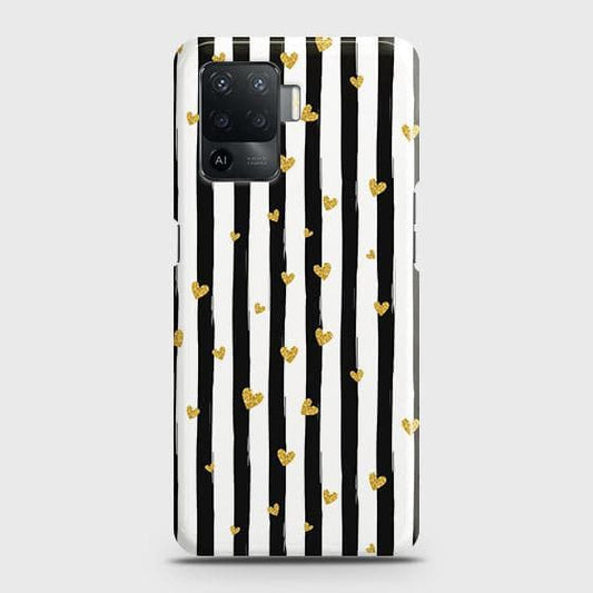 Oppo F19 Pro Cover - Trendy Black & White Lining With Golden Hearts Printed Hard Case with Life Time Colors Guarantee ( Fast Delivery )