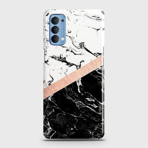 Oppo Reno 4 4G Cover - Black & White Marble With Chic RoseGold Strip Case with Life Time Colors Guarantee ( Fast Delivery )