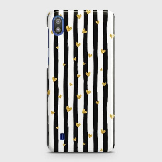 SAMSUNG GALAXY A10 Cover - Trendy Black & White Lining With Golden Hearts Printed Hard Case with Life Time Colors Guarante ( Fast Delivery )