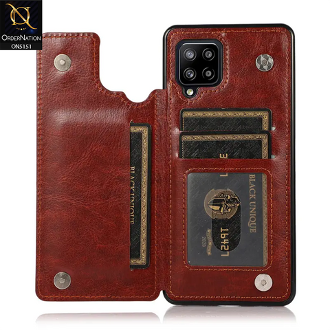 Samsung Galaxy A12 Nacho Cover - Brown - Luxury PU Leather Card Holder Wallet Soft Case