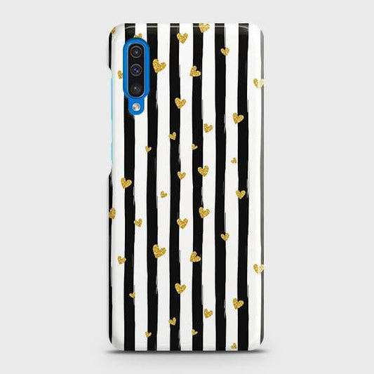 Samsung Galaxy A30s Cover - Trendy Black & White Lining With Golden Hearts Printed Hard Case with Life Time Colors Guarantee ( Fast Delivery )