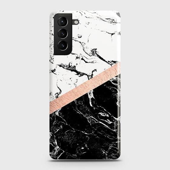 Samsung Galaxy S21 5G Cover - Black & White Marble With Chic RoseGold Strip Case with Life Time Colors Guarantee ( Fast Delivery )