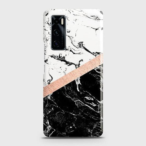 Vivo V20 SE Cover - Black & White Marble With Chic RoseGold Strip Case with Life Time Colors Guarantee ( Fast Delivery )