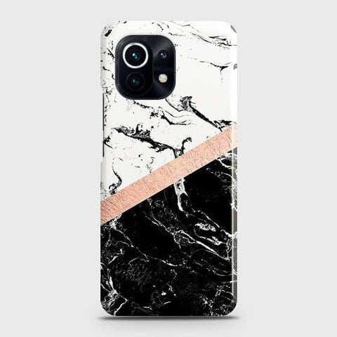 Xiaomi 11 Lite 5G NE Cover - Black & White Marble With Chic RoseGold Strip Case with Life Time Colors Guarantee