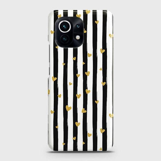 Xiaomi 11 Lite 5G NE Cover - Trendy Black & White Lining With Golden Hearts Printed Hard Case with Life Time Colors Guarantee