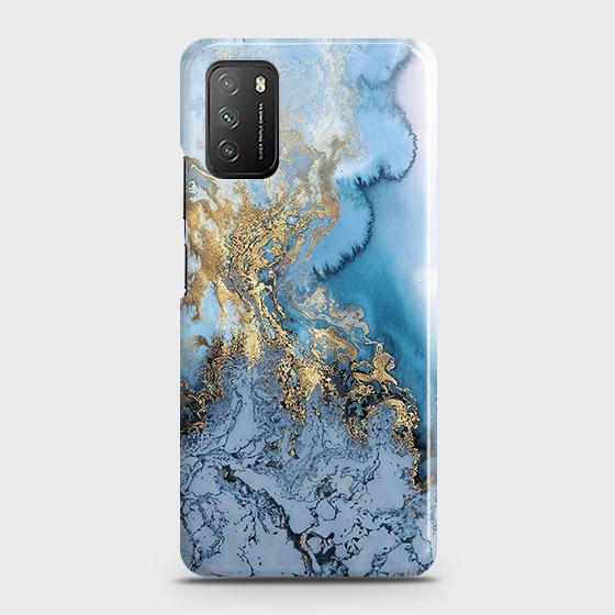 Xiaomi Redmi 9t Cover - Trendy Golden & Blue Ocean Marble Printed Hard Case with Life Time Colors Guarantee(1B30) ( Fast Delivery )