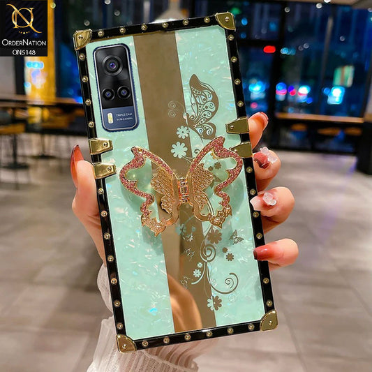 Vivo Y51 (2020 December)   Cover - Aqua -  Luxury Shiny Rhinestone Butterfly Electroplated Square Trunk Soft Case