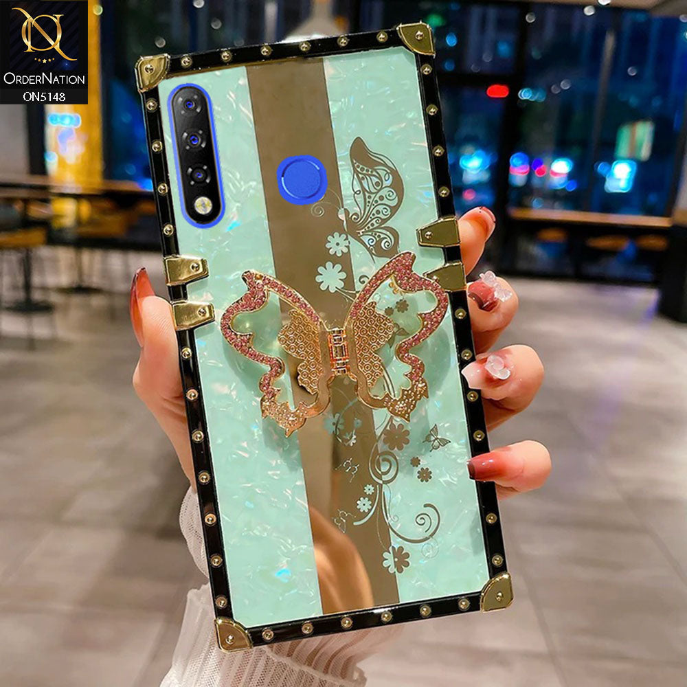 Tecno Camon 12 Cover - Aqua -  Luxury Shiny Rhinestone Butterfly Electroplated Square Trunk Soft Case