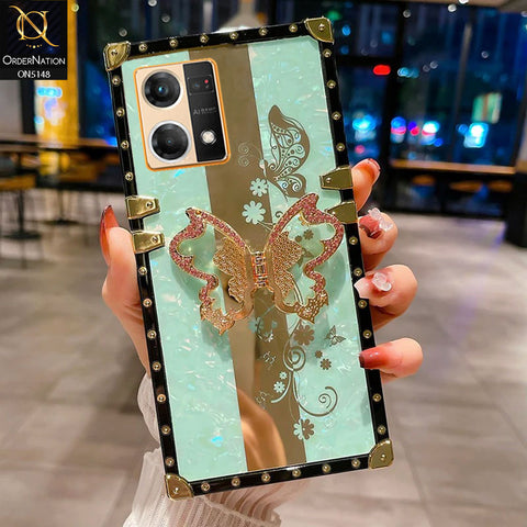 Oppo Reno 7 4G Cover - Aqua -  Luxury Shiny Rhinestone Butterfly Electroplated Square Trunk Soft Case