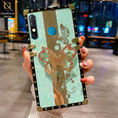 Infinix Hot 8 Cover - Aqua -  Luxury Shiny Rhinestone Butterfly Electroplated Square Trunk Soft Case