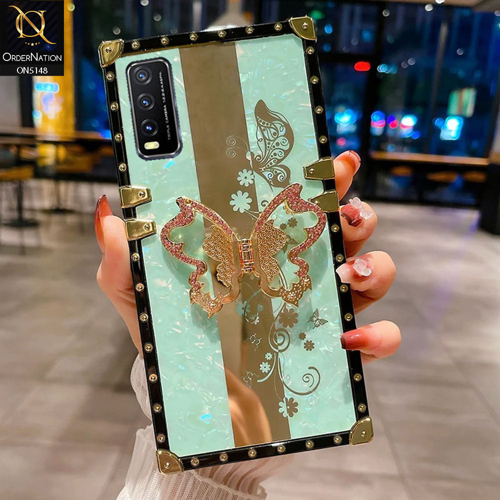 Vivo Y12s Cover - Aqua -  Luxury Shiny Rhinestone Butterfly Electroplated Square Trunk Soft Case