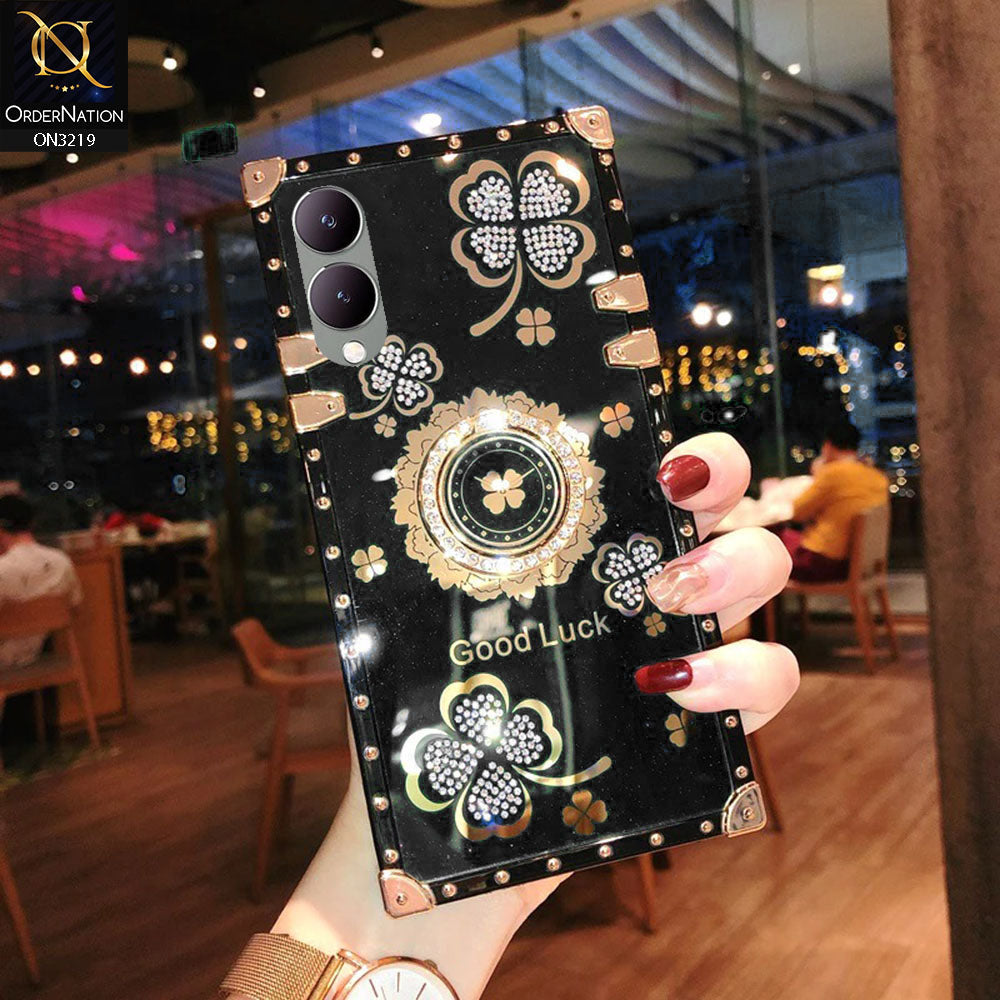 Vivo Y28 5G Cover - Black - Square Bling Diamond Glitter Soft TPU Trunk Case with Ring Holder