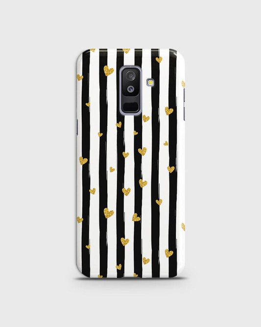 Samsung A6 Plus 2018 - Trendy Black & White Lining With Golden Hearts Printed Hard Case With Life Time Colors Guarantee ( Fast Delivery )