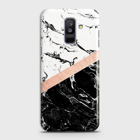 Samsung A6 Plus 2018 Cover - Black & White Marble With Chic RoseGold Strip Case with Life Time Colors Guarantee ( Fast Delivery )