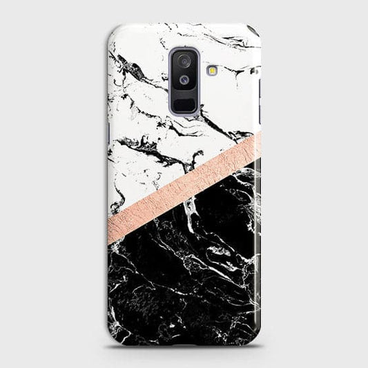 Samsung A6 Plus 2018 Cover - Black & White Marble With Chic RoseGold Strip Case with Life Time Colors Guarantee ( Fast Delivery )