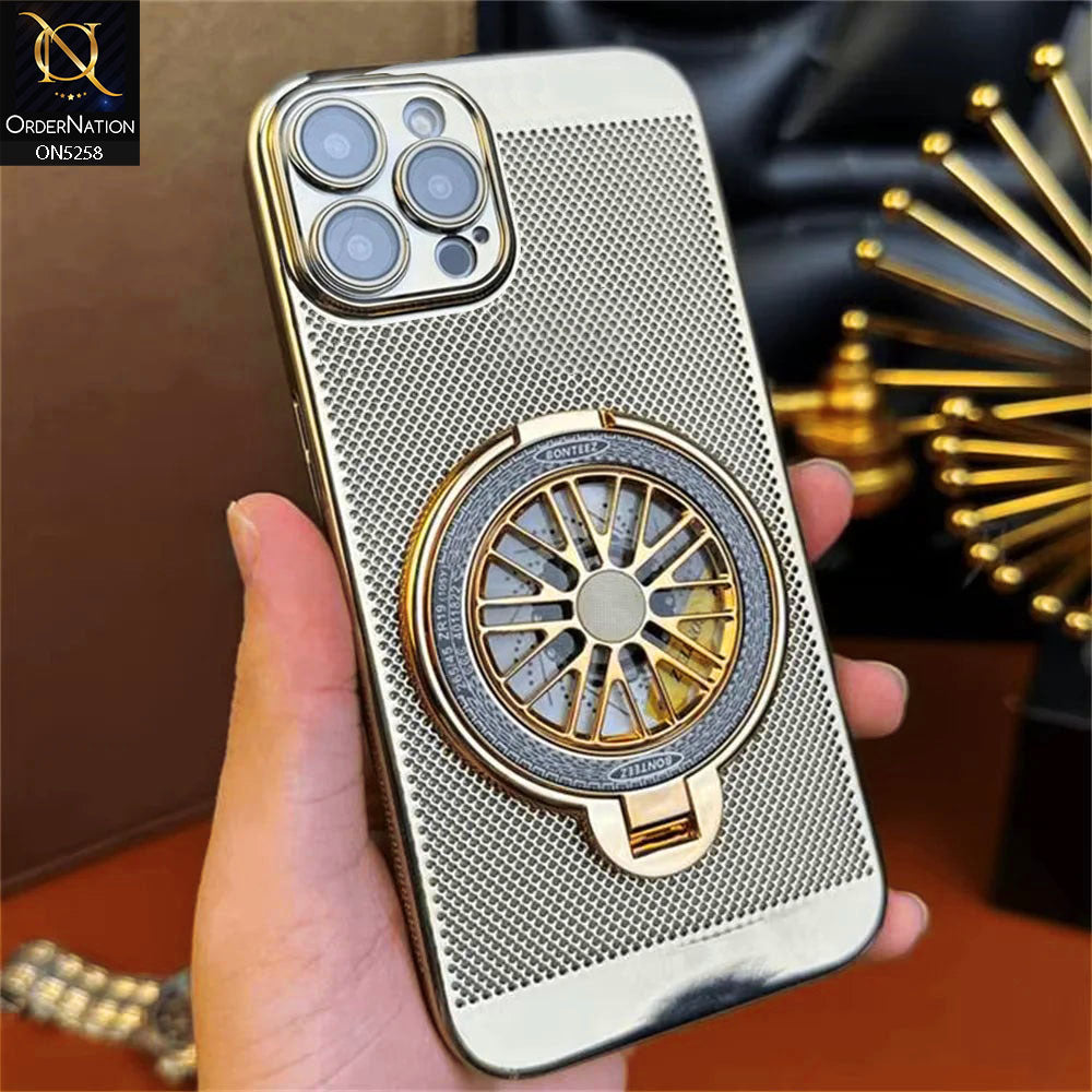 iPhone 12 Pro Max Cover - Golden - New Breathing Mesh Hard Shell Protective Case With Spin Rotating Wheel Kickstand Holder